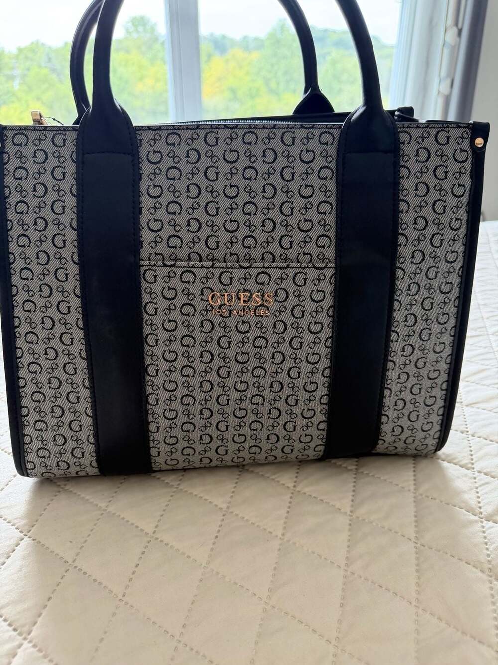 Guess Monogram Print Satchel Tote Bag with Detachable Strap